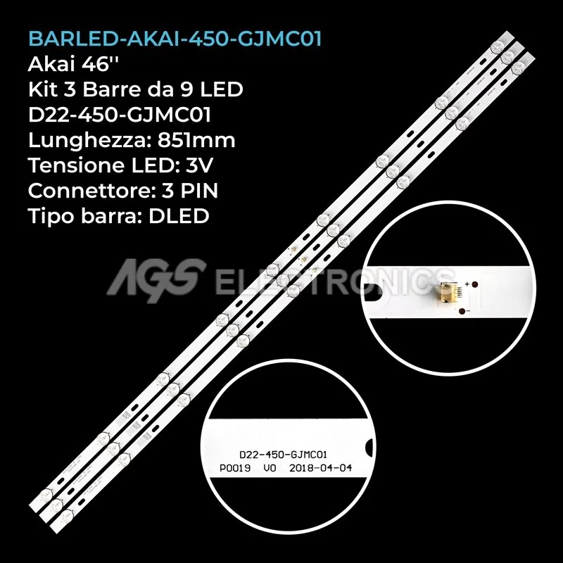 kit 3 barre LED retroilluminazione per Akai 46 pollici modello DJTV46