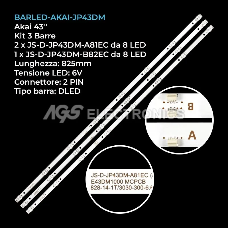kit 3 barre LED retroilluminazione per Akai 43 pollici modello D43M30