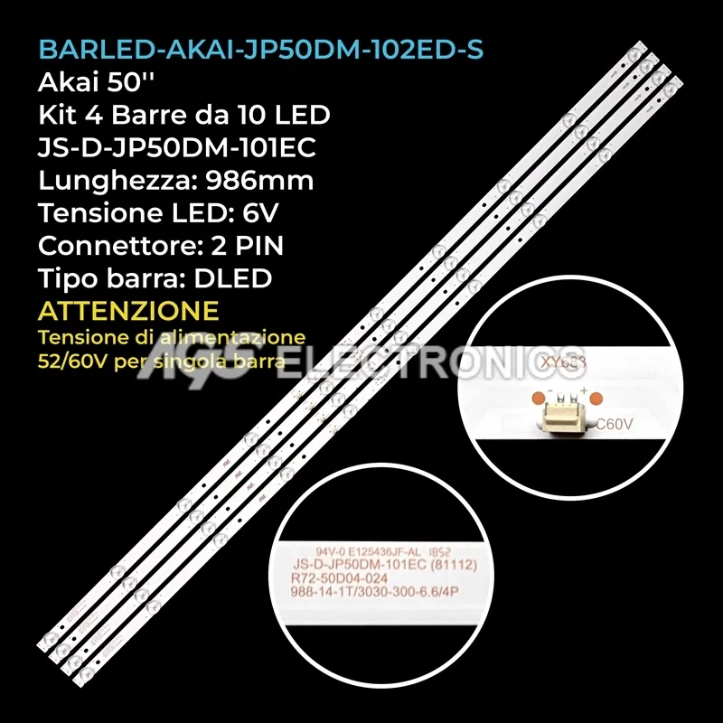 kit 4 barre LED retroilluminazione per Akai 50 pollici modello UA50DM2500S9