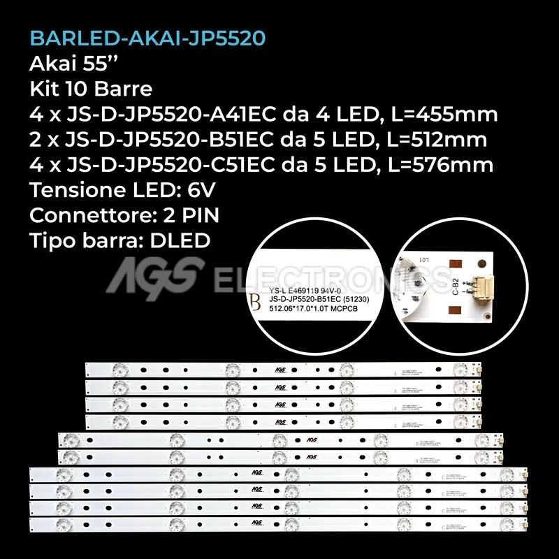kit 10 barre LED retroilluminazione per Akai 55 pollici modello D55F2000