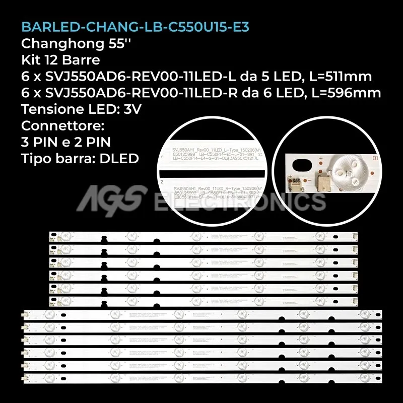 kit 12 barre LED retroilluminazione per Hitachi 55 pollici modello LU55V809