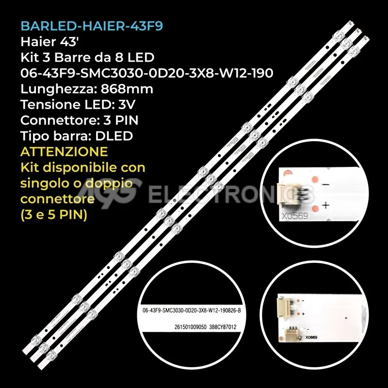 kit 3 barre LED retroilluminazione per Haier 43 pollici modello LE43C51X