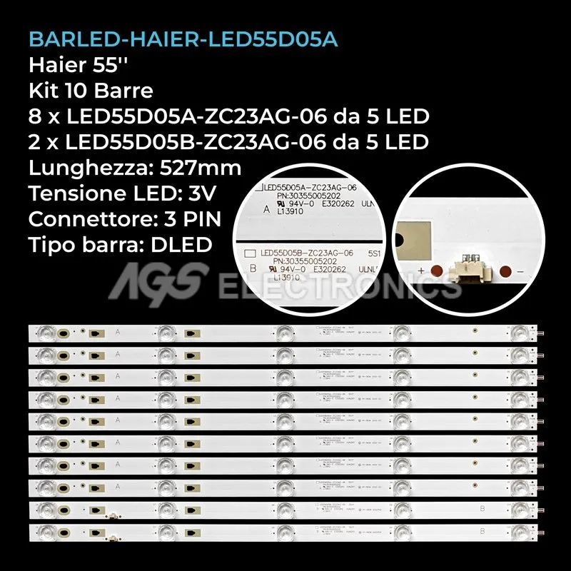 kit 10 barre LED retroilluminazione per Haier 55 pollici modello LS55H610X
