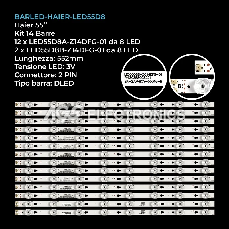 kit 14 barre LED retroilluminazione per Haier 55 pollici modello LU55K8