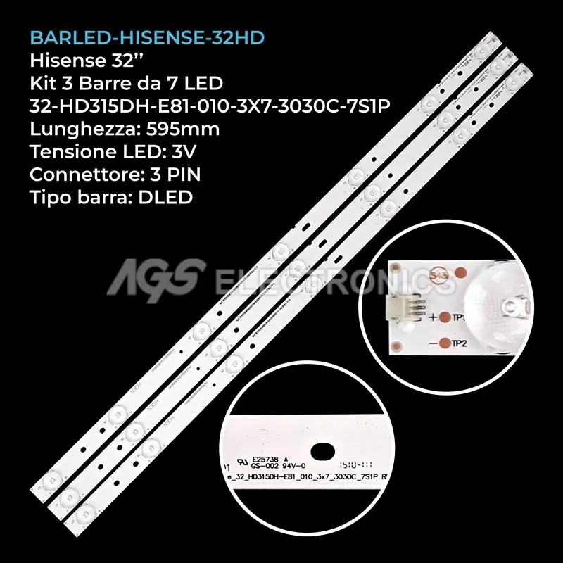 kit 3 barre LED retroilluminazione per Hisense 32 pollici modello LED32KEC2