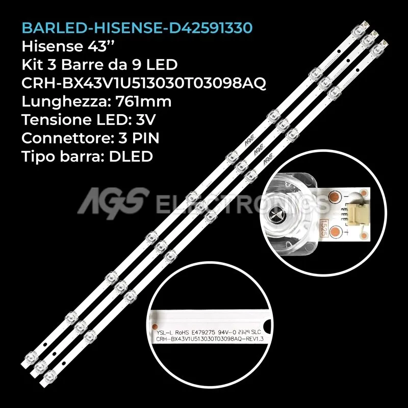 kit 3 barre LED retroilluminazione per Hisense 43 pollici modello 43R7F