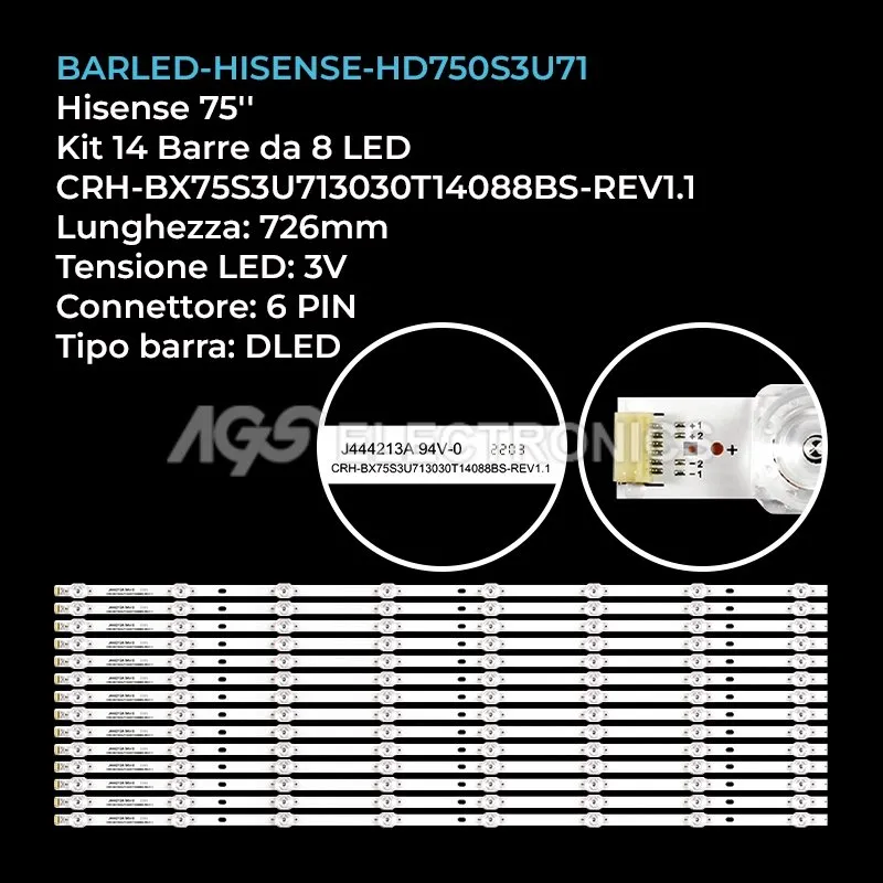 kit 14 barre LED retroilluminazione per Hisense 75 pollici modello H75BE7410