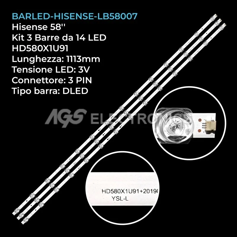 kit 3 barre LED retroilluminazione per Hisense 58 pollici modello 58A7120F