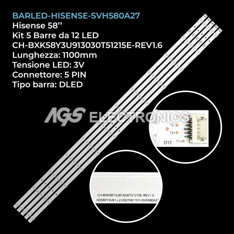 kit 5 barre LED retroilluminazione per Hisense 58 pollici modello 58A78GQ