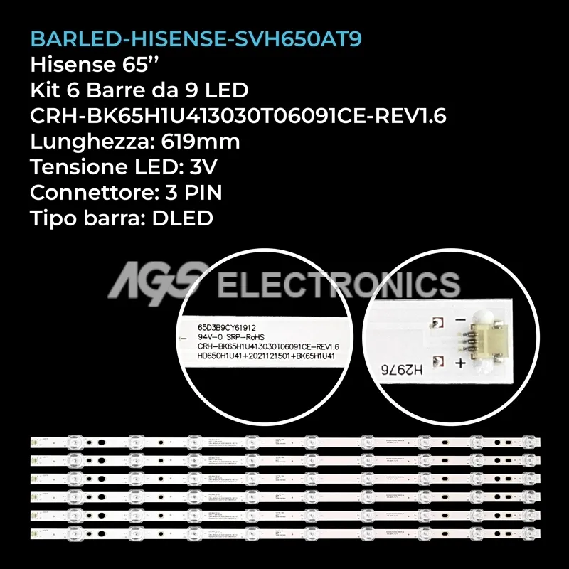 kit 6 barre LED retroilluminazione per Hisense 65 pollici modello 65A6KV