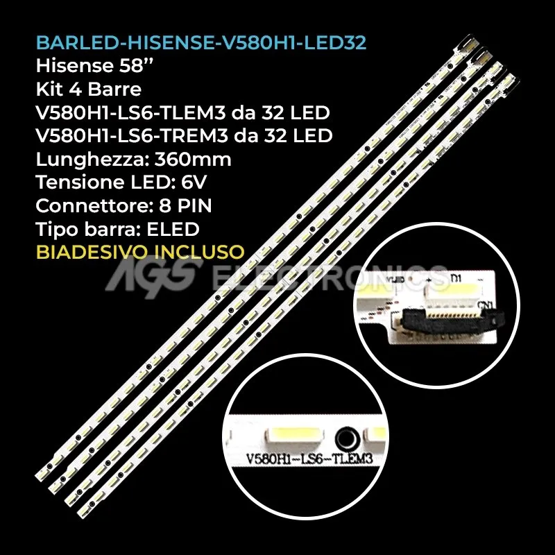 kit 4 barre LED retroilluminazione per Hisense 58 pollici modello LED58XT880G3D