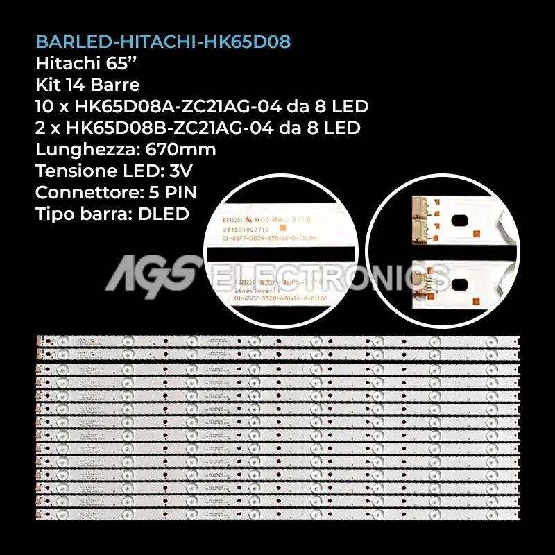 kit 14 barre LED retroilluminazione per Hitachi 65 pollici modello 65K3