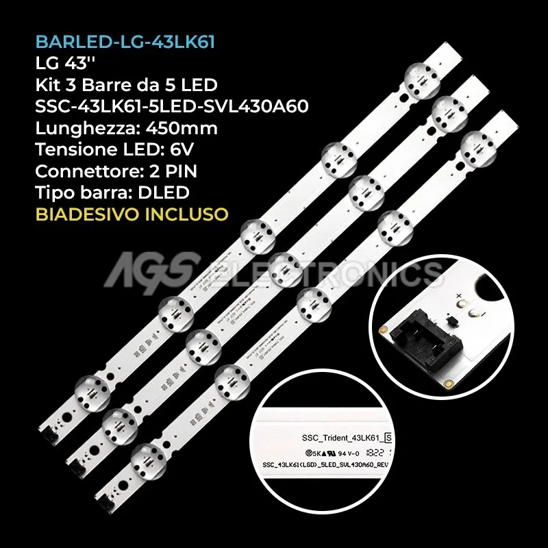 kit 3 barre LED retroilluminazione per LG 43 pollici modello 43LK6100PLB