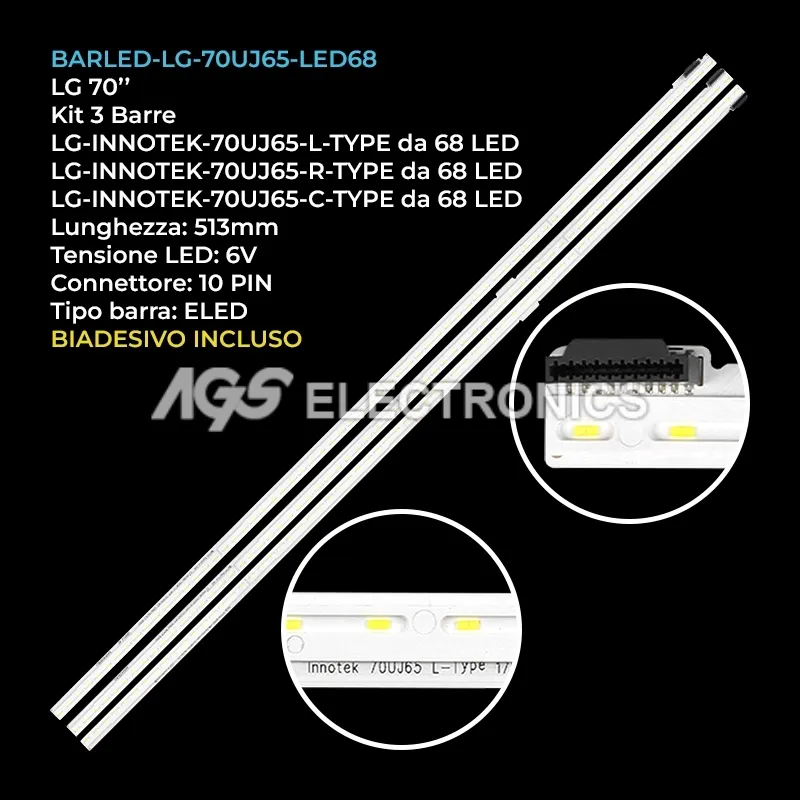 kit 3 barre LED retroilluminazione per LG 70 pollici modello 70UJ675V