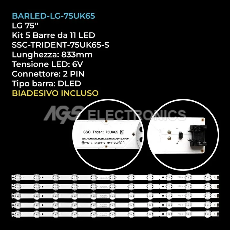 kit 5 barre LED retroilluminazione per LG 75 pollici pannello EAJ65492905