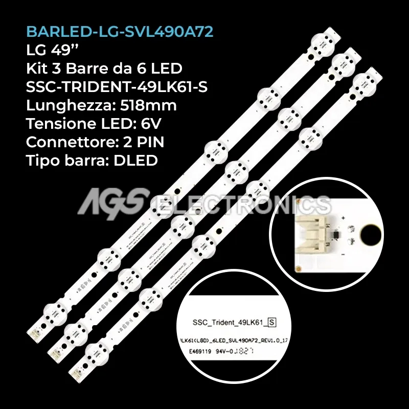 kit 3 barre LED retroilluminazione per LG 49 pollici modello 49LK6120PTC