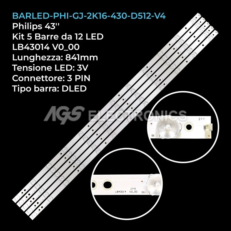 kit 5 barre LED retroilluminazione per Philips 43 pollici modello 	43PUS610112