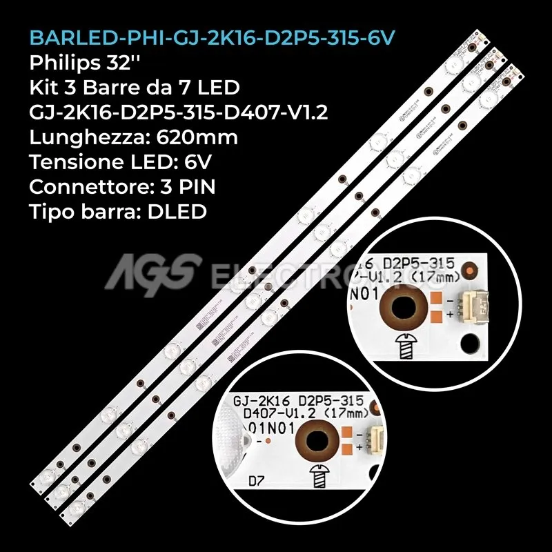 kit 3 barre LED retroilluminazione per Philips 32 pollici modello 32PFS640112