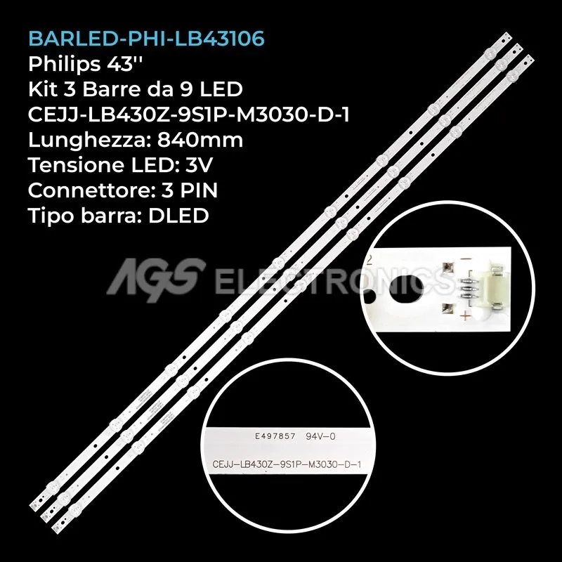 kit 3 barre LED retroilluminazione per AOC 43 pollici modello LE43M3778