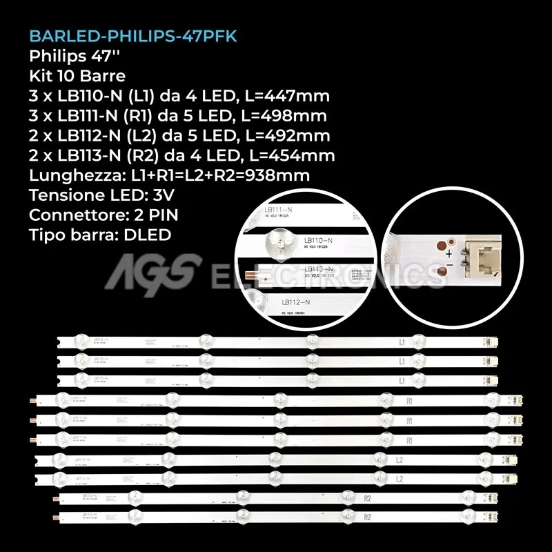 kit 10 barre LED retroilluminazione per Philips 47 pollici modello LC470DUNPGA3