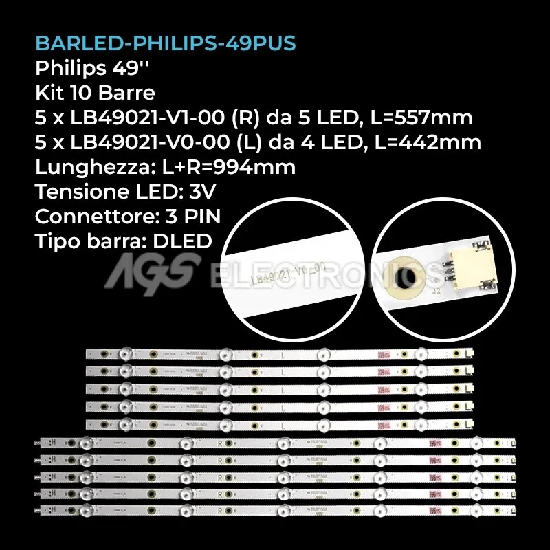 kit 10 barre LED retroilluminazione per Philips 49 pollici modello 49PUS616212