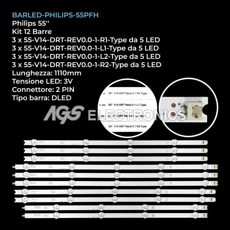 kit 12 barre LED retroilluminazione per Philips 55 pollici modello LC550DUNPGA3
