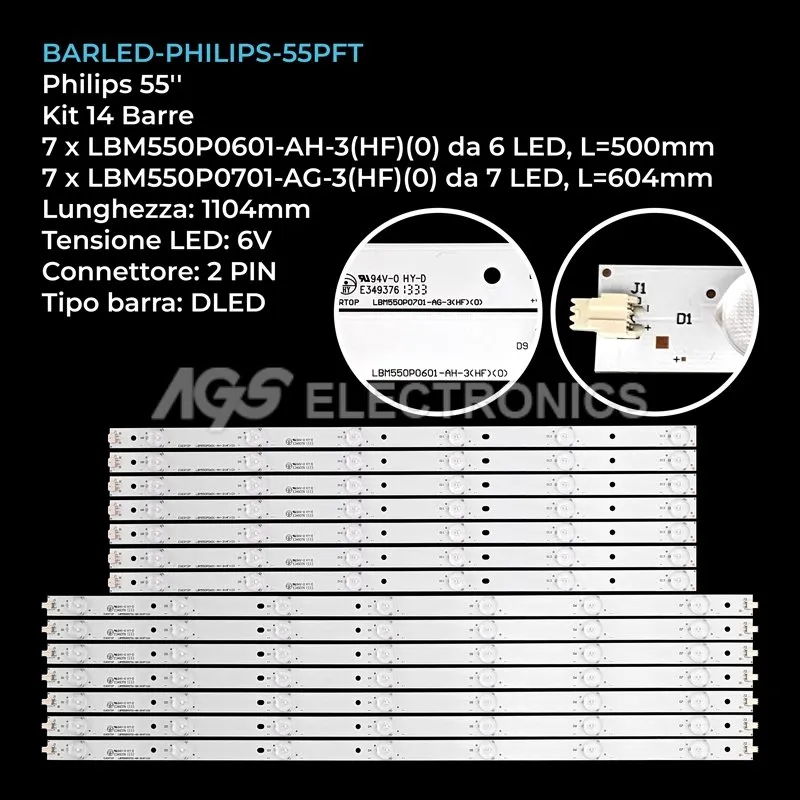 kit 14 barre LED retroilluminazione per Philips 55 pollici modello 55PFS5709