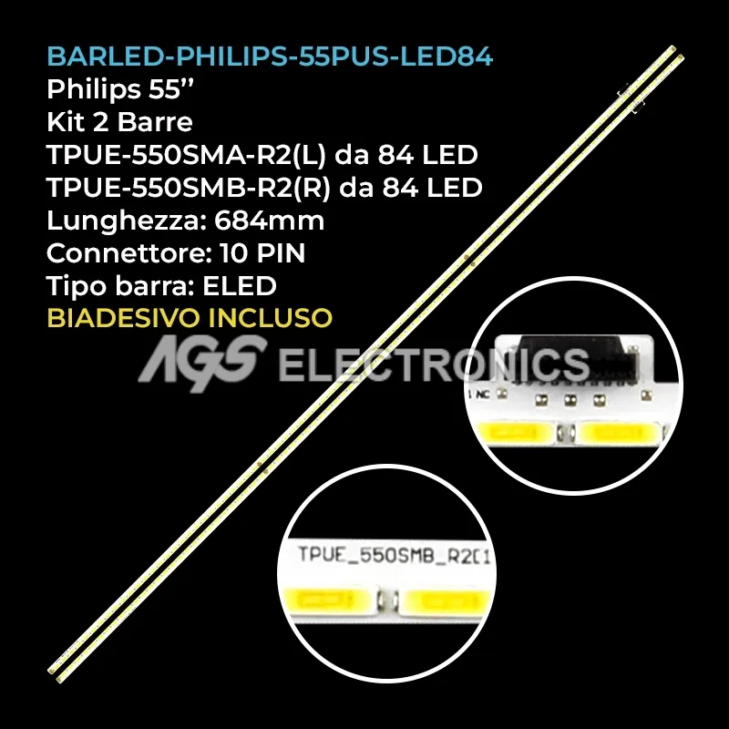 kit 2 barre LED retroilluminazione per Philips 55 pollici modello 55PUS9109