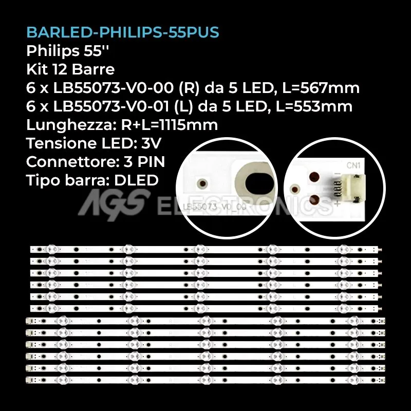kit 12 barre LED retroilluminazione per Philips 55 pollici modello 55PUS652360