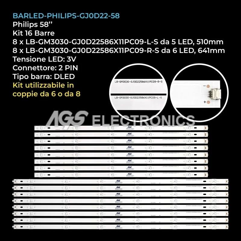 kit 16 barre LED retroilluminazione per Philips 58 pollici modello 58PUS810512