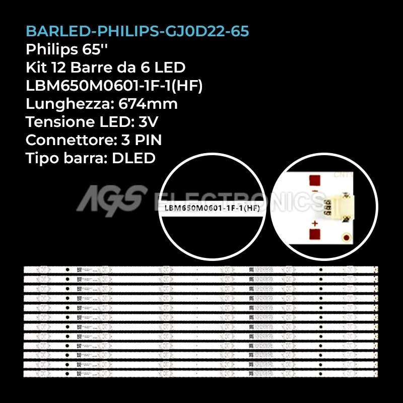 kit 12 barre LED retroilluminazione per Philips 65 pollici modello 65PUS735412