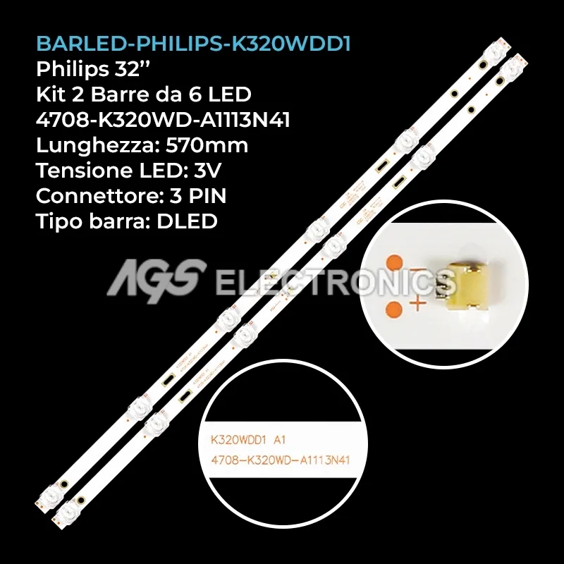kit 2 barre LED retroilluminazione per Philips 32 pollici modello LC320DXYSLA2