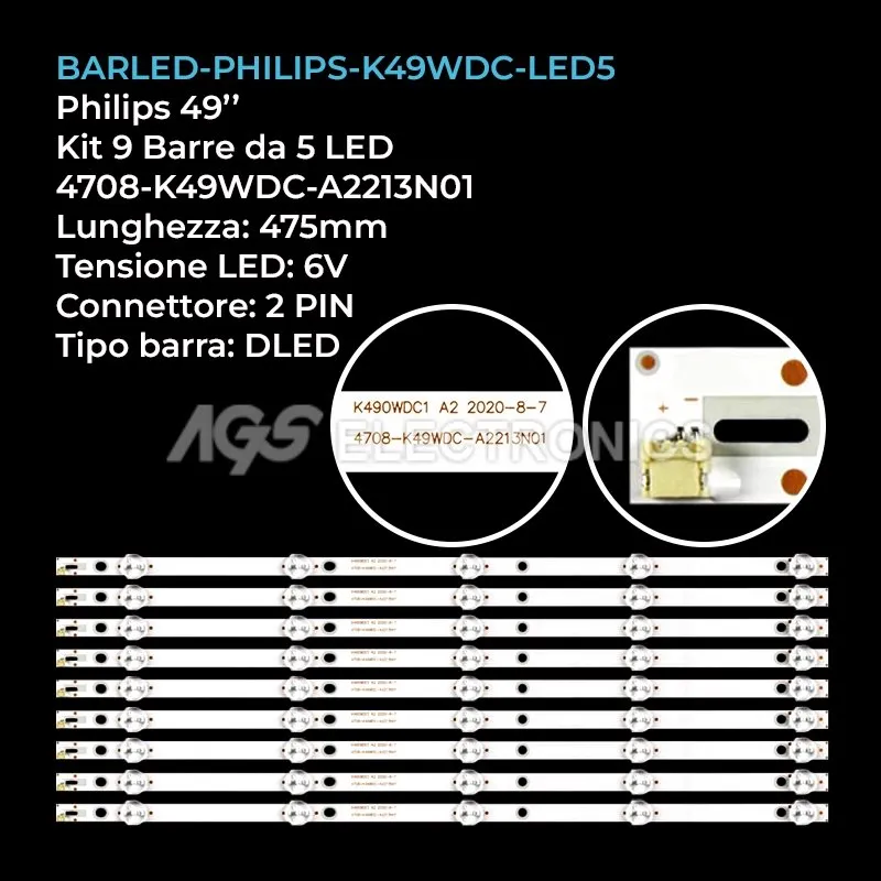 kit 9 barre LED retroilluminazione per Philips 49 pollici modello 49PUF6032T3