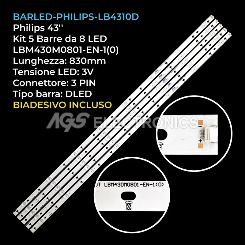 kit 5 barre LED retroilluminazione per Philips 43 pollici modello 43PUS733412