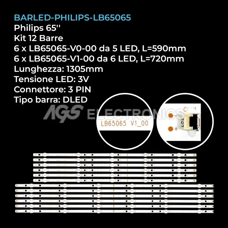 kit 12 barre LED retroilluminazione per Philips 65 pollici modello 65PUS730412