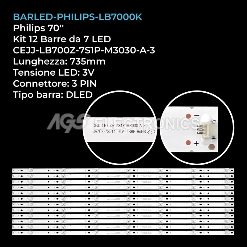 kit 12 barre LED retroilluminazione per Philips 70 pollici modello 70PUS755512