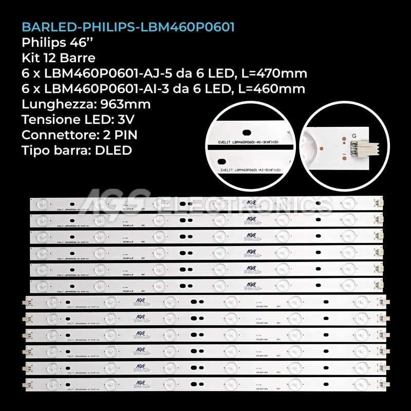 kit 12 barre LED retroilluminazione per Philips 46 pollici modello TPT460H1HM01SC1PXMTPV