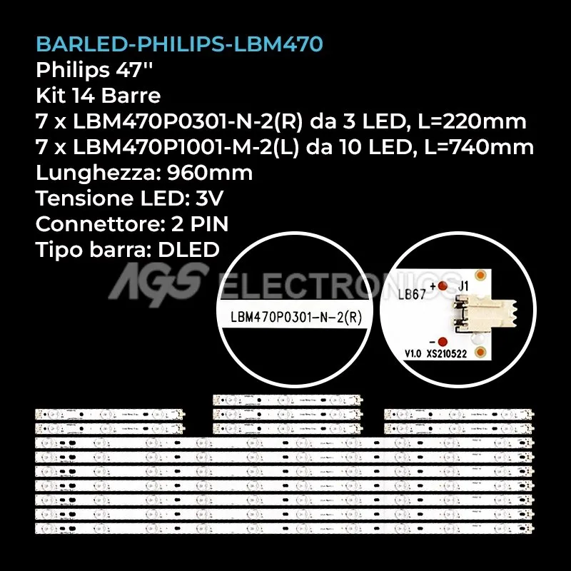 kit 14 barre LED retroilluminazione per Philips 47 pollici modello 47PFS710912
