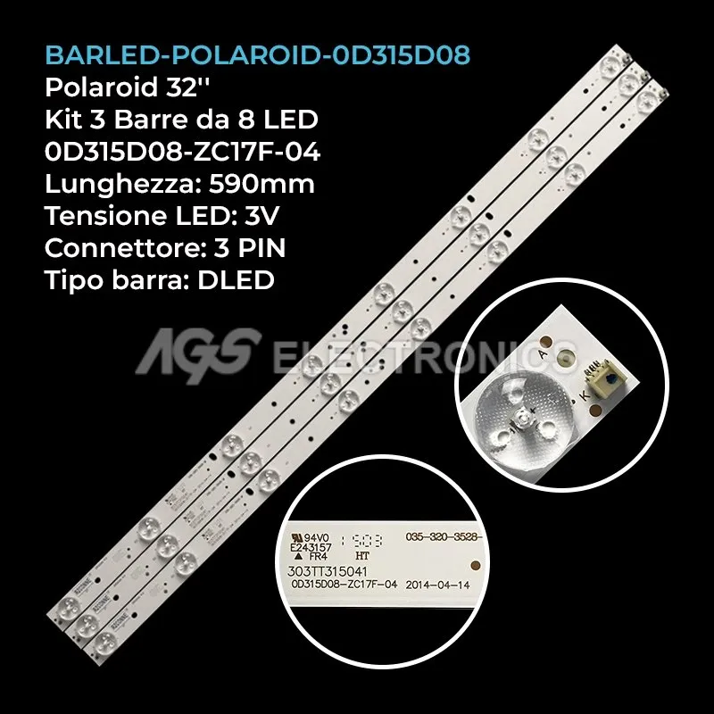 kit 3 barre LED retroilluminazione per Polaroid 32 pollici modello TQL32PR006