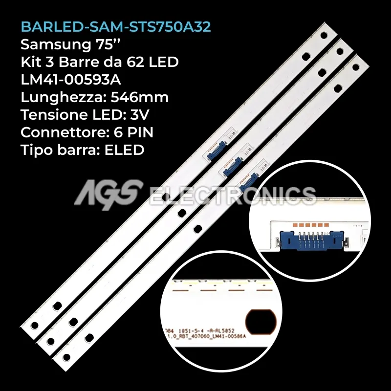 kit 3 barre LED retroilluminazione per Samsung 75 pollici modello QE75Q6FNATXZG