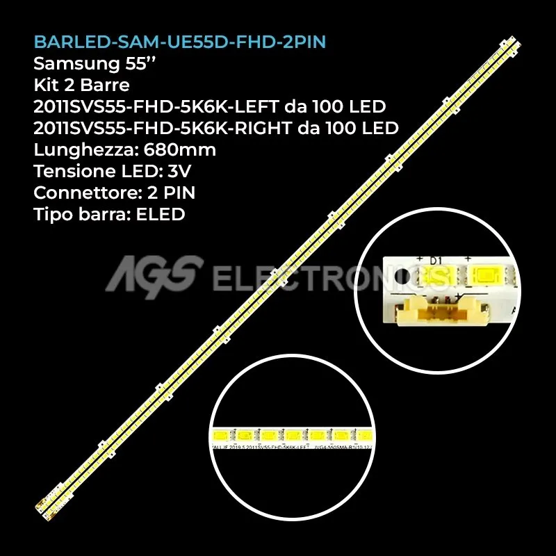 kit 2 barre LED retroilluminazione per Samsung 55 pollici modello UE55D6300SSXZF