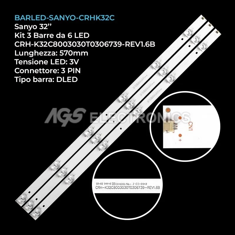 kit 3 barre LED retroilluminazione per Sanyo 32 pollici modello LED32T8