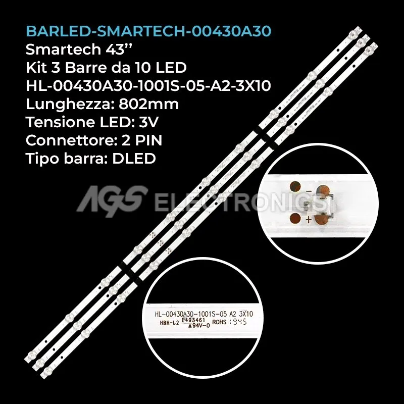 kit 3 barre LED retroilluminazione per Smartech 43 pollici modello SMT43F30UC2M1B1