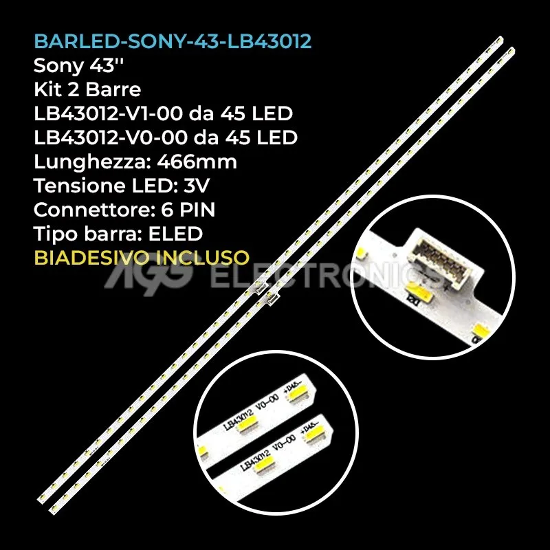 kit 2 barre LED retroilluminazione per Sony 43 pollici modello T430HVF030