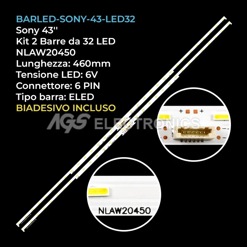 kit 2 barre LED retroilluminazione per Sony 43 pollici modello KD43XF8599