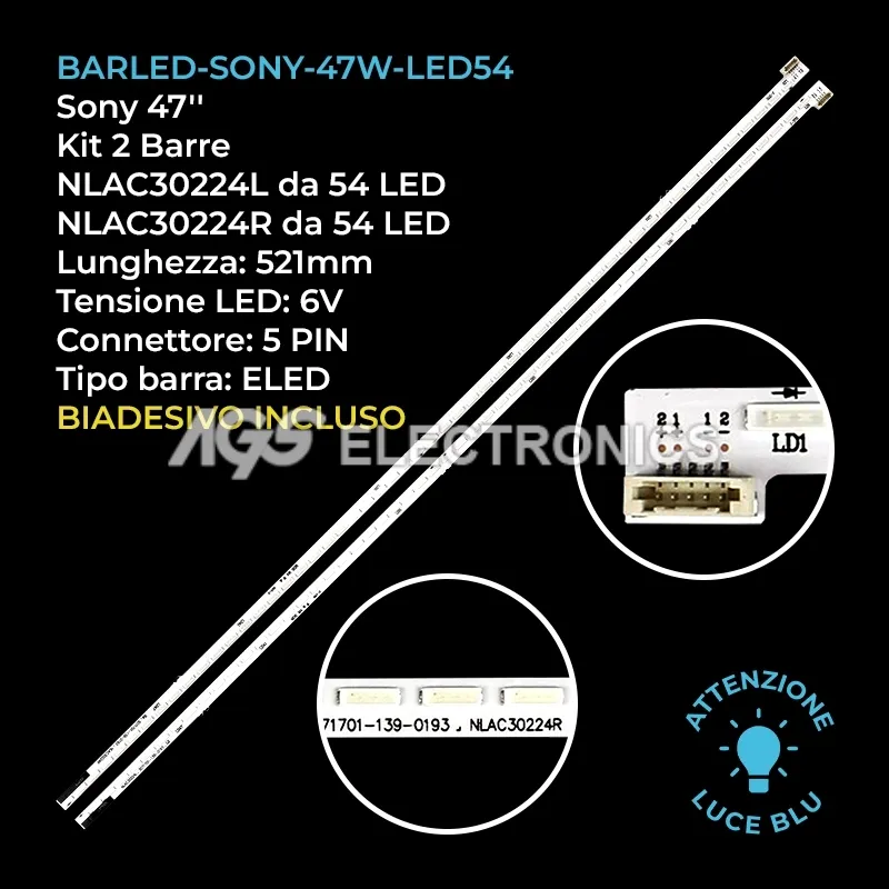 kit 2 barre LED retroilluminazione per Sony 47 pollici modello KDL47W800A