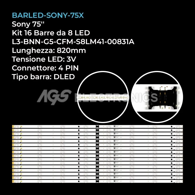 kit 16 barre LED retroilluminazione per Sony 75 pollici modello KD75XH8096