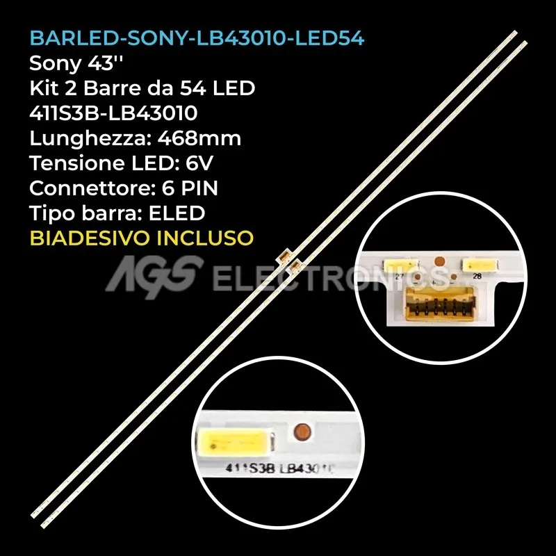 kit 2 barre LED retroilluminazione per Sony 43 pollici modello KD43XD8099