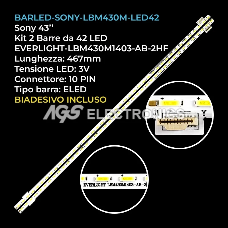 kit 2 barre LED retroilluminazione per Sony 43 pollici modello KDL43WE754