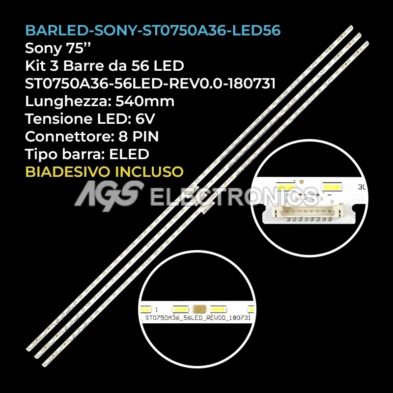 kit 3 barre LED retroilluminazione per Sony 75 pollici modello KD75XG8596